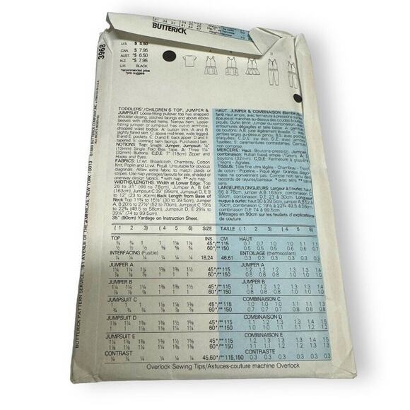 Butterick 3968 Child's Top, Drop-Waist Jumper, Tapered Leg Jumpsuit Sz 4-6 Uncut - Picture 5 of 5